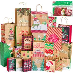 24 Kraft Christmas Gift Paper Bags Bulk with handles and 60 Count Christmas Gift Tags-Assorted sizes set for Wrapping Xmas Holiday Presents(6 Jumbo,6 Large,6 Medium,6 Small)
