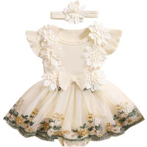 Infant Baby Girl Summer Clothes Romper Dress Embroidery Mesh Tulle Skirt Hem Ribbed Bodysuit Cute Newborn Outfits (Floral Apricot, 18-24 Months)