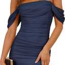 PRETTYGARDEN Cocktail Dresses 2025 Summer Off Shoulder Sexy Bodycon Ruched Mesh Graduation Wedding Guest Mini Short Dress (Small, Navy)