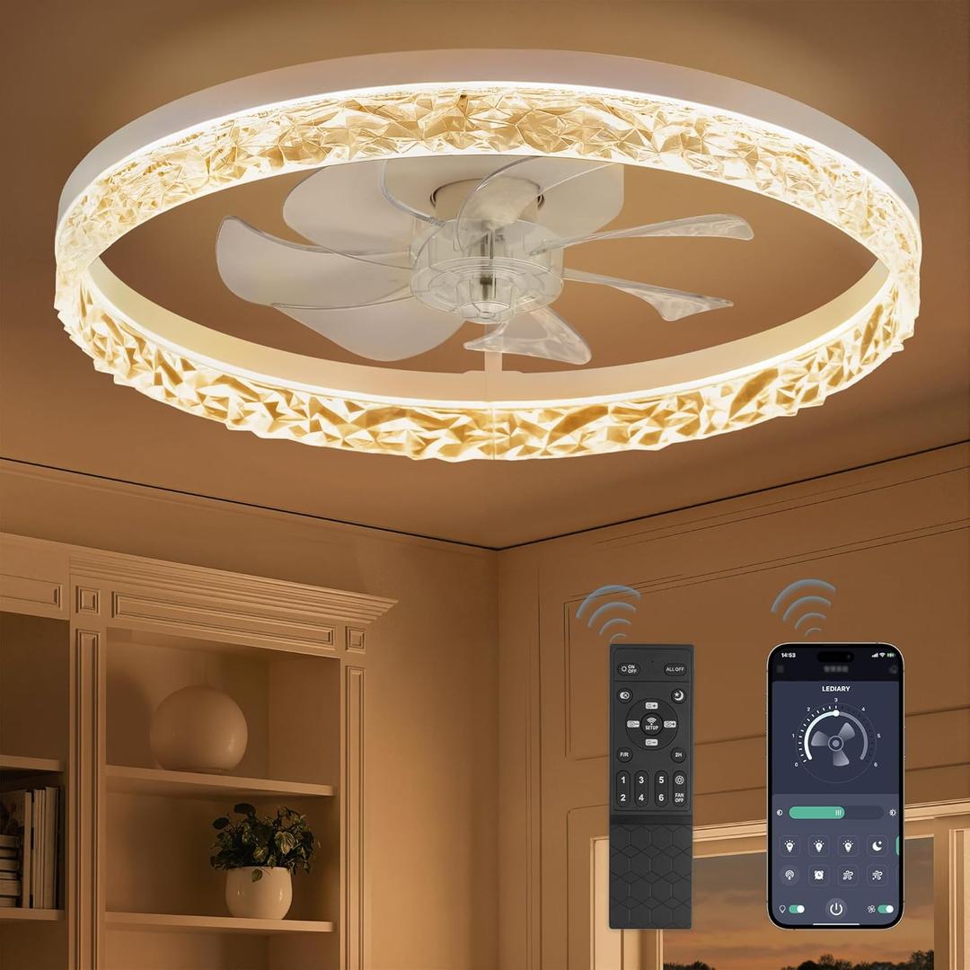 LEDIARY 20 Inch Low Profile Ceiling Fans with Lights and Remote, Dimmable Modern Fan Light(3000K6000K), 6 Speed, Reversible, APP & Remote Control, Flush Mount Ceiling Fan for Bedroom, White