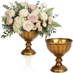 Distressed Gold Flower Vases for Centerpieces,Vintage Metal Pedestal Flower Bowl,Rustic Gold Vase for Wedding Table Decor, Floral Arrangements,Home Decoration,2-Pack
