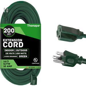 Green Outdoor Extension Cord 200 FT- 16/3 SJTW Weatherproof Extra Long Extension Cable with 3 Prong Grounded Plug - Great for Outdoor Lights Decoration, Landscaping, Lawn & Gardens