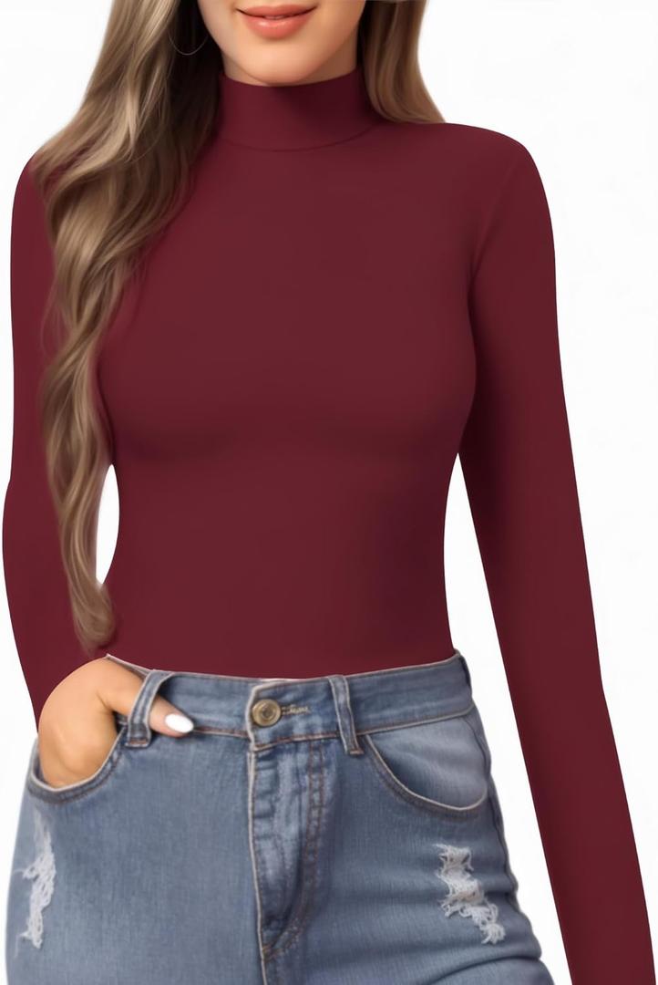MANGOPOP Women's Mock Turtle Neck Slim Fit Long Sleeve Shirts Fall Fashion Tight Tops Basic Tee Winter Undershirt (Large, 07 Burgundy)