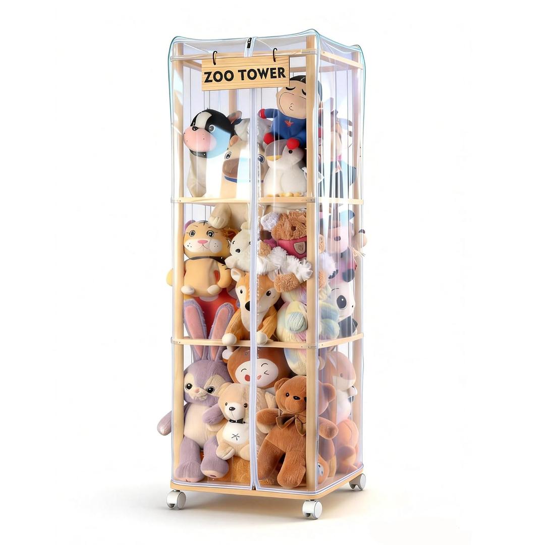 Stuffed Animal Storage Zoo Holder with Dust Cover, Thick Wooden Toy Organizer with Brake Wheels & Elastic Band,Large Capacity Kids Toy Storage for Plushies,Perfect for Bedroom Nursery Playroom