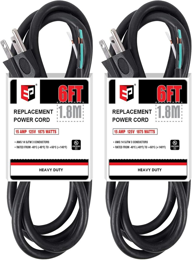 EP 2 Pack 6 ft 14/3C SJTW Appliance and Power Tool Cord, 14 Gauge 3 Prong Heavy Duty Replacement Power Supply Cord Cable, 110V 115V 120V AC Pigtail, 15A, 1875w