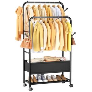 Furologee Clothing Racks for Hanging Clothes, Portable Rolling Garment Rack, Sturdy Metal Freestanding Clothes Rack with Wheels, Double Rods Wardrobe Racks for Bedroom Laundry Living Room