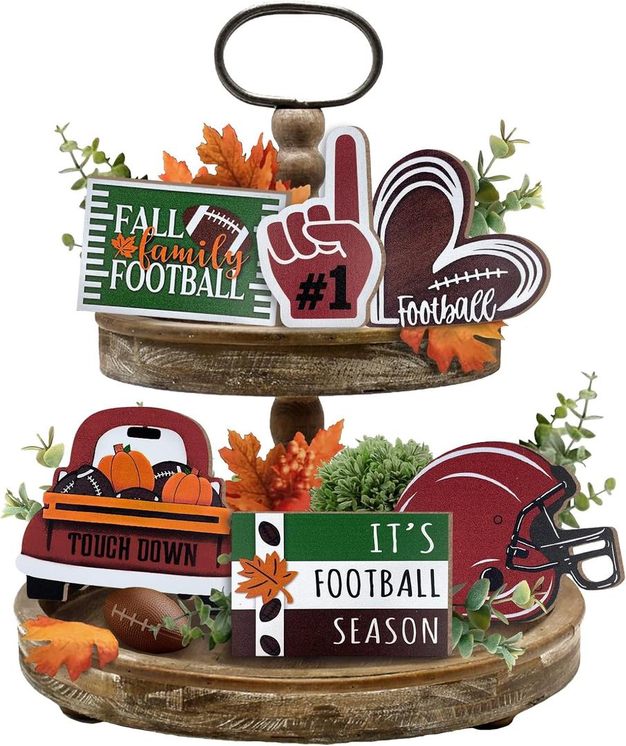 Fall Football Tiered Tray Decor, Farmhouse Tray Decorations Truck Heart Football Helmet Game Wooden Sign, Rustic Thanksgiving Autumn Football Season Decorations for Home Table Shelf Party 6PCs