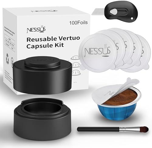 Nessus Reusable Kit for Nespresso Pods Vertuo, Reuse Old Coffee Pods for Nespresso Vertuo: 100 Pcs Aluminum Foil Seal Lid, Holder, Brush, Refillable Vertuo Plus Next Capsule Machine (No Pods Come) (Black)