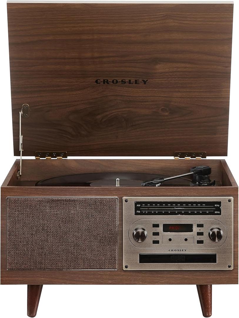Crosley CR7023A-WA Serenade 8-in-1 Vinyl Record Player with 3-Speed Turntable, Bluetooth, AM/FM Radio, CD, Cassette, and Aux-in, Walnut