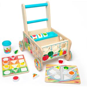 Melissa & Doug Wooden Shape Sorting Grocery Cart Push Toy and Puzzles - Pretend Play Grocery Toys, Sorting and Stacking Toys for Infants and Toddlers Ages 1+ - FSC-Certified Materials