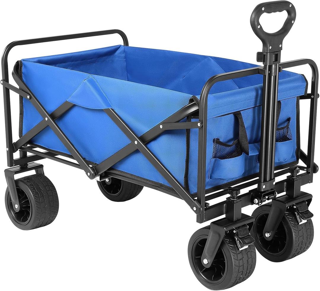 Beach Wagon with Big Wheels for Sand,Collapsible Folding All Terrain Utility Wagons Carts Foldable with Brakes for Sand Camping Sports Outdoor. (Blue)