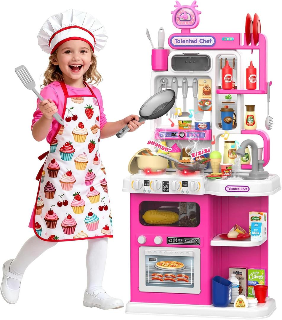 Kids Kitchen Playset, 36.22'' Play Kitchen for Toddlers 1-3 with Steam, Sound & Light, Cooking Stove, Play Sink, Oven and Toy Kitchen Accessories, Kitchen Set for Toddlers Girls 3 4 5 (Pink)