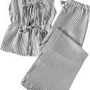 Women's Striped 2 Piece Set Tie Front Peplum Tank Tops and Wide Leg Pants Sets Black Large (L)