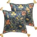 patdrea Designer Vintage Folk Velvet Throw Pillow Cover 18x18 inches,Blue Quaint Wild Blooming Floral Pattern,Decorative Square Pillowcases Cushion for Bed Living Room Outdoor Car,Pack of 2