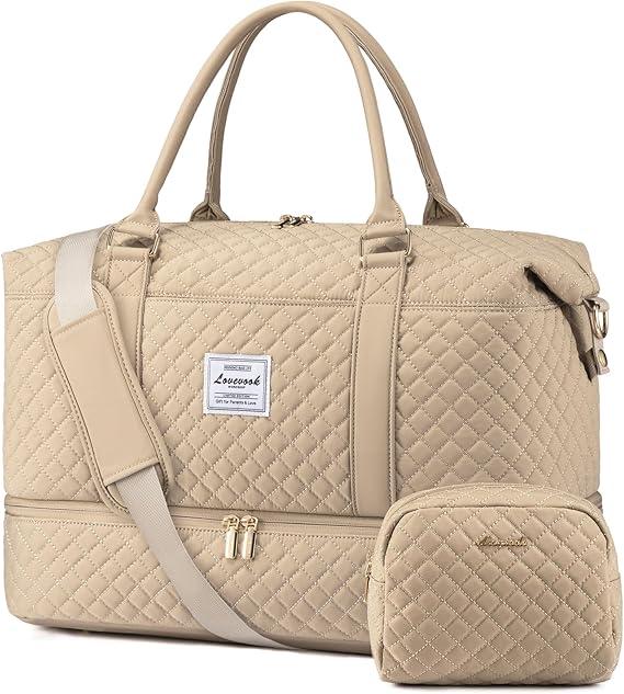 Large Travel Duffle Bag for Women,Carry on Overnight Bag Weekender Bags with Toiletry Bag Travel Bags for women with Shoe Compartment for Gym Business Trips Sport Hospital(Beige)