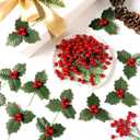 Lyrow 288 Pcs Christmas Artificial Mini Holly Berry Stems with 60 Pcs Leaves Holly Red Berries Picks Fake Berry Branches for Christmas Tree Garland Home Wreath DIY Craft Holiday Party Ornaments