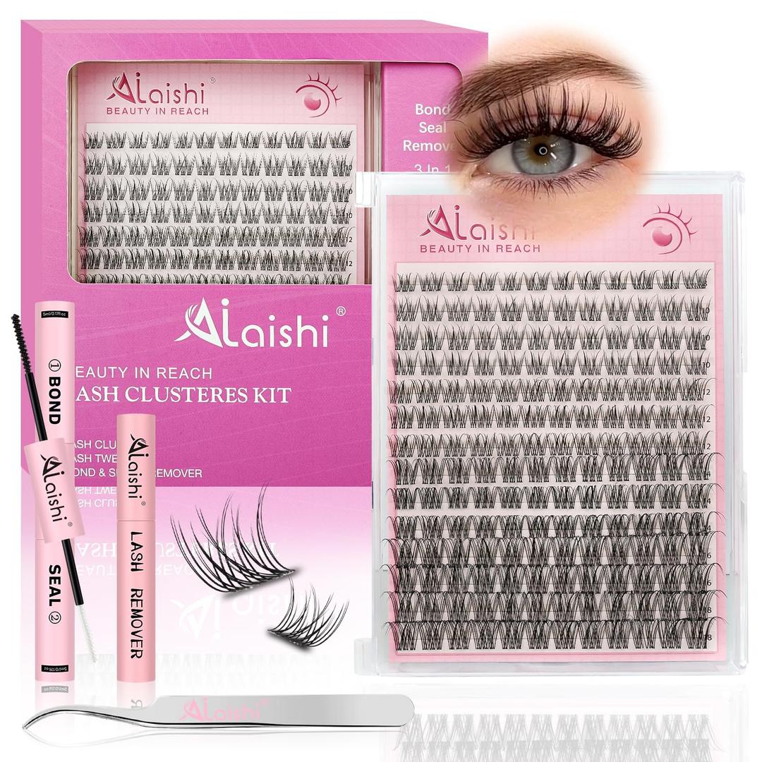 AILAISHI Lash Clusters Kit, DIY Cluster Eyelash Extensions 5‑16mm,144pcs Fluffy D Curl Natural Lashes with Bond and Seal,Remover, Tweezers–Natural Fake Cat Eye Individual Manga Clusters 14L