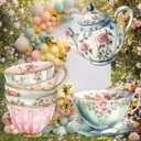 Amyhill 3 Pcs Large Tea Party Decorations Wonderland Garden Yard Sign 22.8'' Teapot Teacup Tea Bowl Cardboard Cutout Stand Vintage Garden Props for Floral Birthday Wedding Bridal Shower Decor