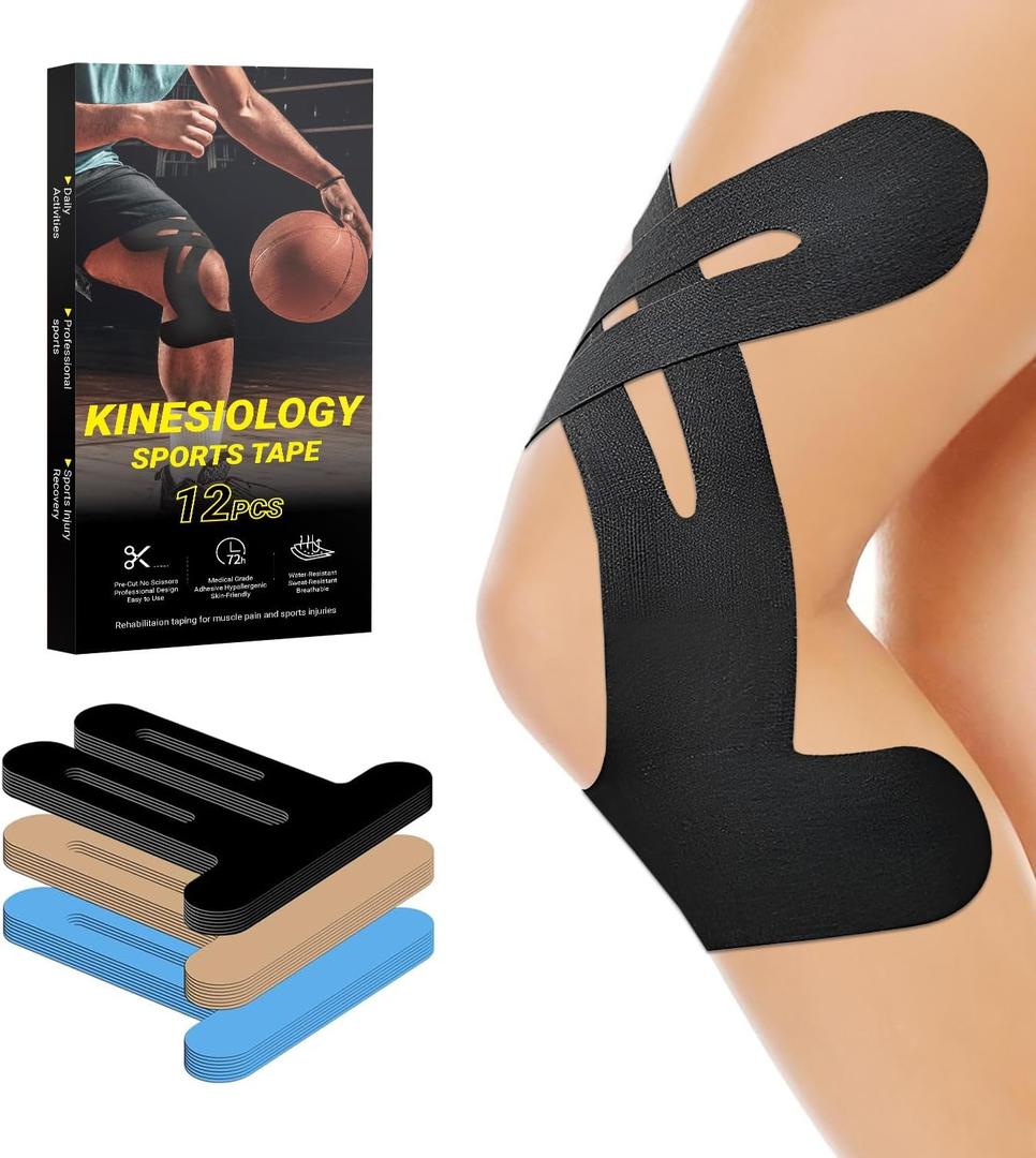 Precut Kinesiology Tape for Knees 10 Pcs, Knee Tape for Knee Pain Relief Pre Cut - Brace & Elastic Supports - Waterproof & Breathable Hypoallergenic Latex - Athletic Tape Black