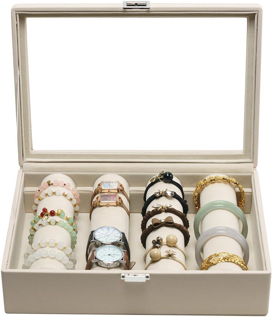 Bracelets Organizer Rods Bangles Display Holder, Clear See through Lid Leather Velvet Jewelry Storage Box Case for Women, 4 Rods Apricot Leather
