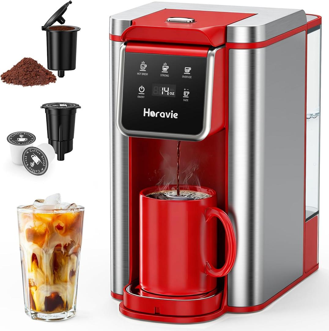Horavie Single Serve Coffee Maker for K-Cup Pod and Grounds, Hot & Iced Coffee Maker, Strong Button Feature, 6 to 14oz Brew Sizes, 50oz Removable Reservoir, Fit 6.5" Mugs, Stainless Steel, Red (11.2 Inch)