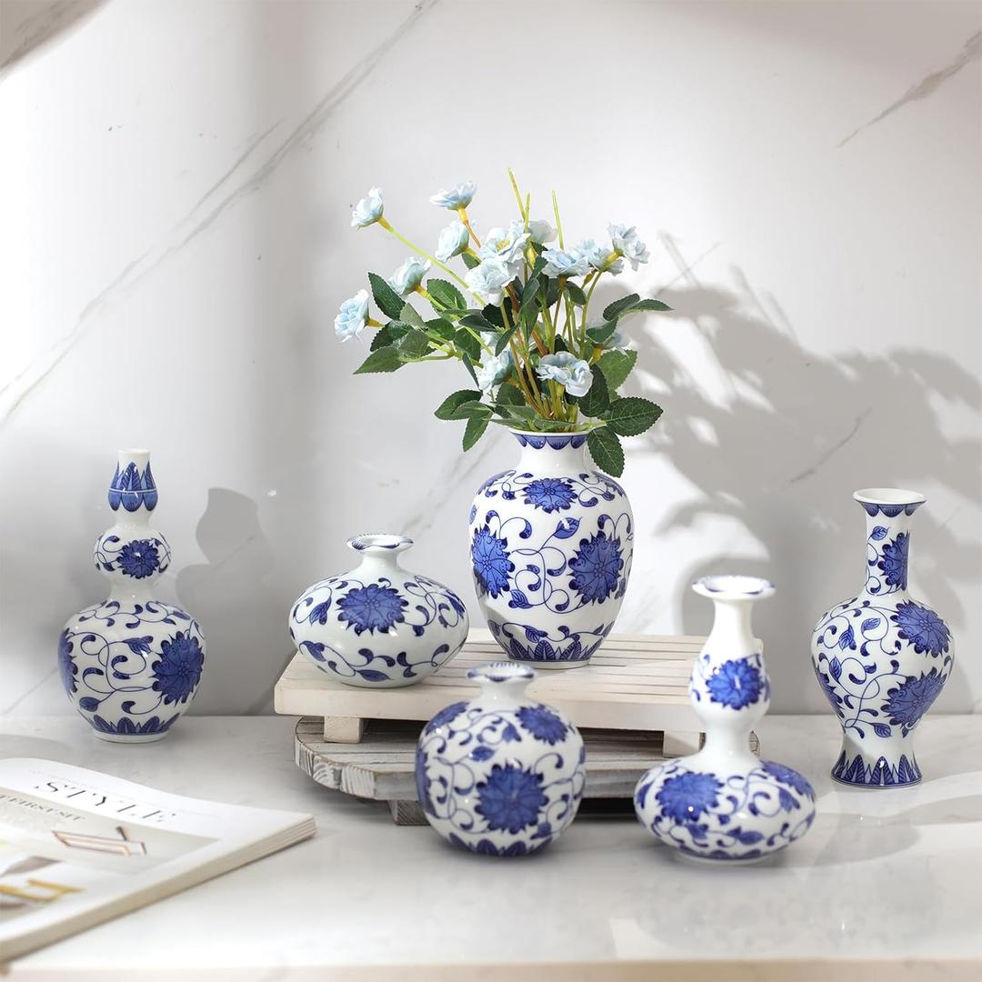 Dandat 6 Pcs Blue and White Porcelain Vase Sets Mini Chinoiserie Vase Classic Ceramic Chinese Floral Jardiniere for Christmas Centerpieces Bookshelf Living Room Decor Table Centerpieces