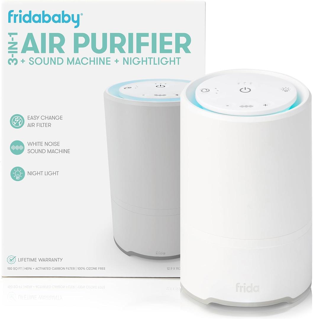 Frida Baby 3-in-1 Baby Air Purifier for Allergy Relief, Sound Machine for Sleeping + Nightlight, HEPA Filter Purifier for Bedroom with 3 Fan Speeds, Easy-Change Filter, Auto-Off Timer