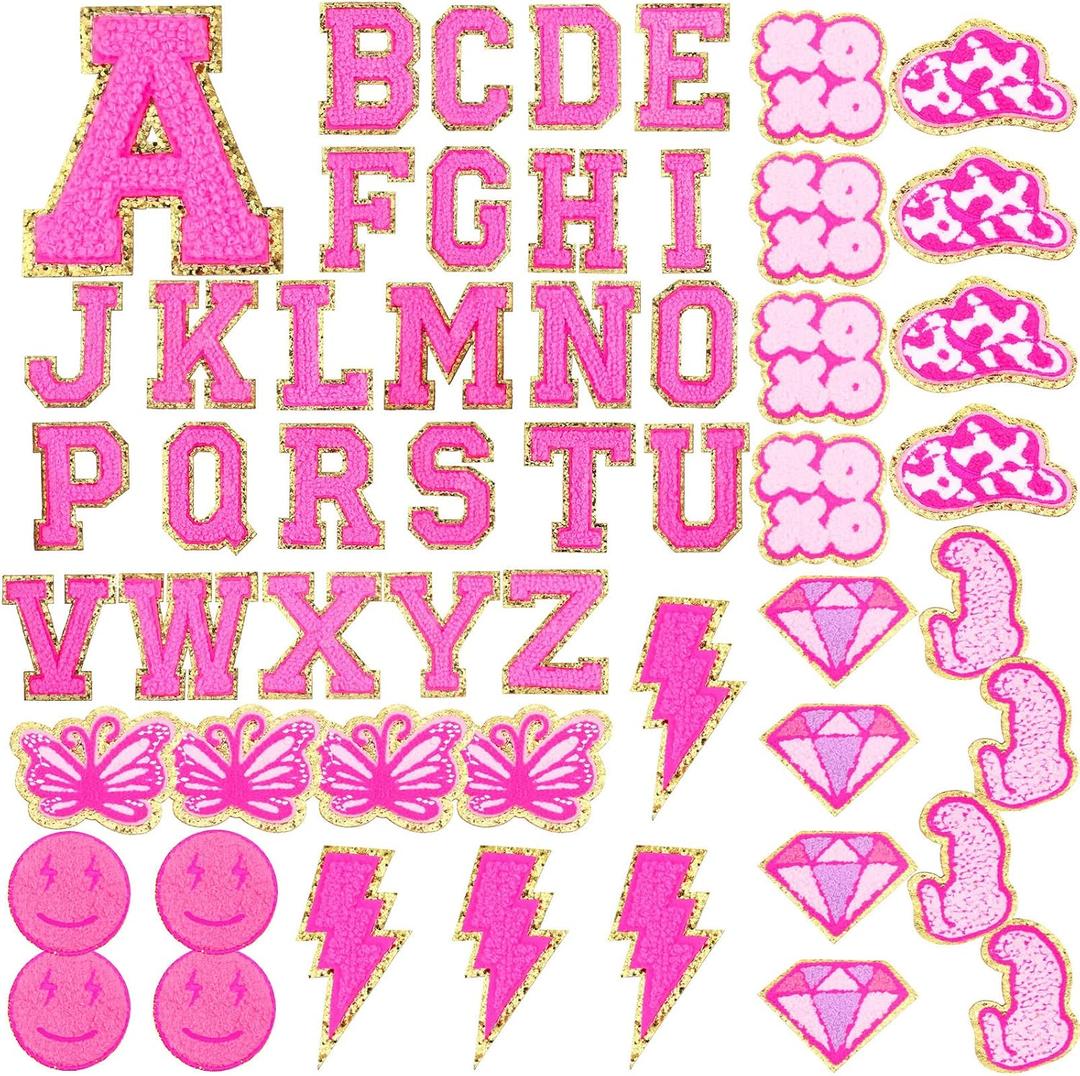 Geosar 54 Pcs Self-Adhesive Chenille Letters Patches Glitter Rainbow Preppy Cute Sew Patches Christmas Letter Craft for DIY Clothing Backpack Bag, (2.17 Inch, Rose Red Letter)
