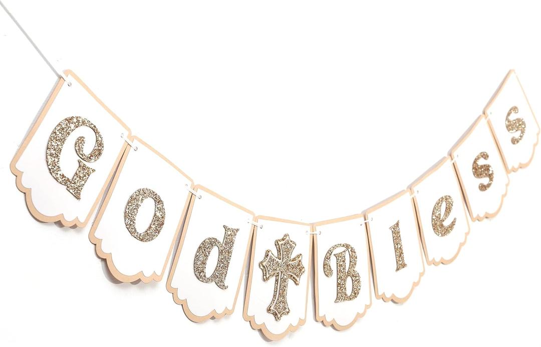 God Bless Banner - Suitable for Baptism, First Communion Decorations, Baby Christening Decorations, Rustic Style Baptism Banner for Boys and Girls, Photo Prop Party Decorations, Wedding and Birthday Party Supplies,Double Layers God Bless Banner with Cross (Gold God Bless)