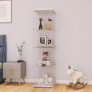 LFT HUIMEI2Y Glass Display Cabinet 4-Shelf with Door and Lock, Curio Cabinets Upgraded Quick-Install Style Tempered Glass Floor Standing Bookshelf for Bedroom, Living Room 65x 17x 14 White