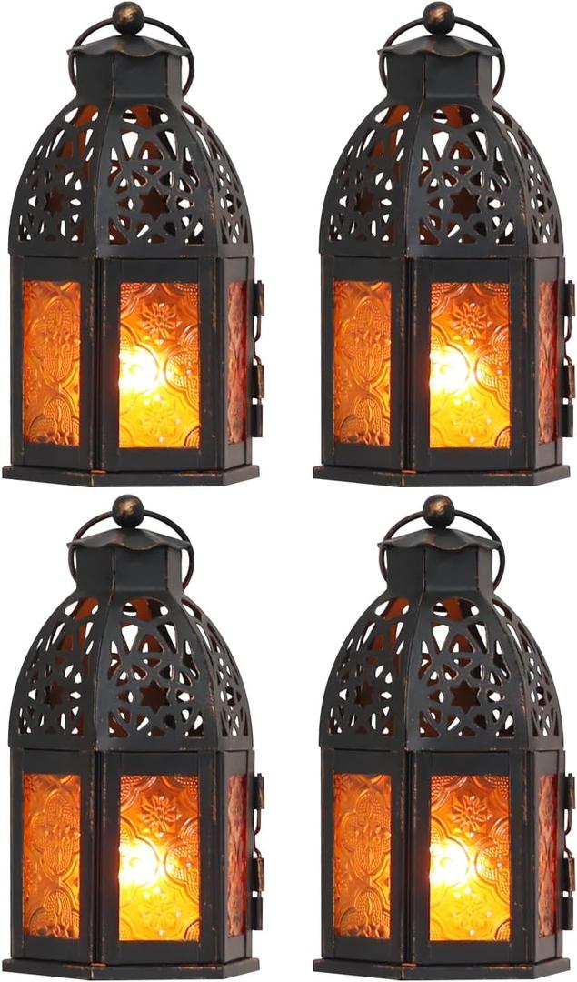 NEEDOMO Set of 4 Moroccan Candle Lantern, 9" Ramadan Lanterns Decorative Indoor Outdoor, Vintage Candle Holder for Chritsmas, Halloween, Table, Patio, Porch, Shelf, Ramadan Decorations (Amber) (Small)