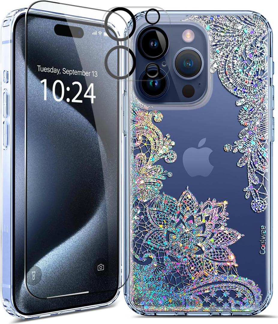 Coolwee Anti Yellowing Clear Glitter for iPhone 15 Pro Max Case Floral, 6.7 inch, 6.6ft Military Grade Protective Cute Mandala Crystal Bling Lace Slim TPU with Camera & Screen Protector