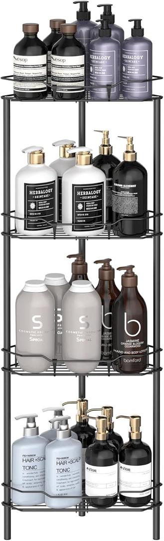 HuggieGems 4 Tier Floor Standing Corner Shower Caddy Organizer Shelf with Hooks, Bathroom Shelves Stand Rack, Matt Black