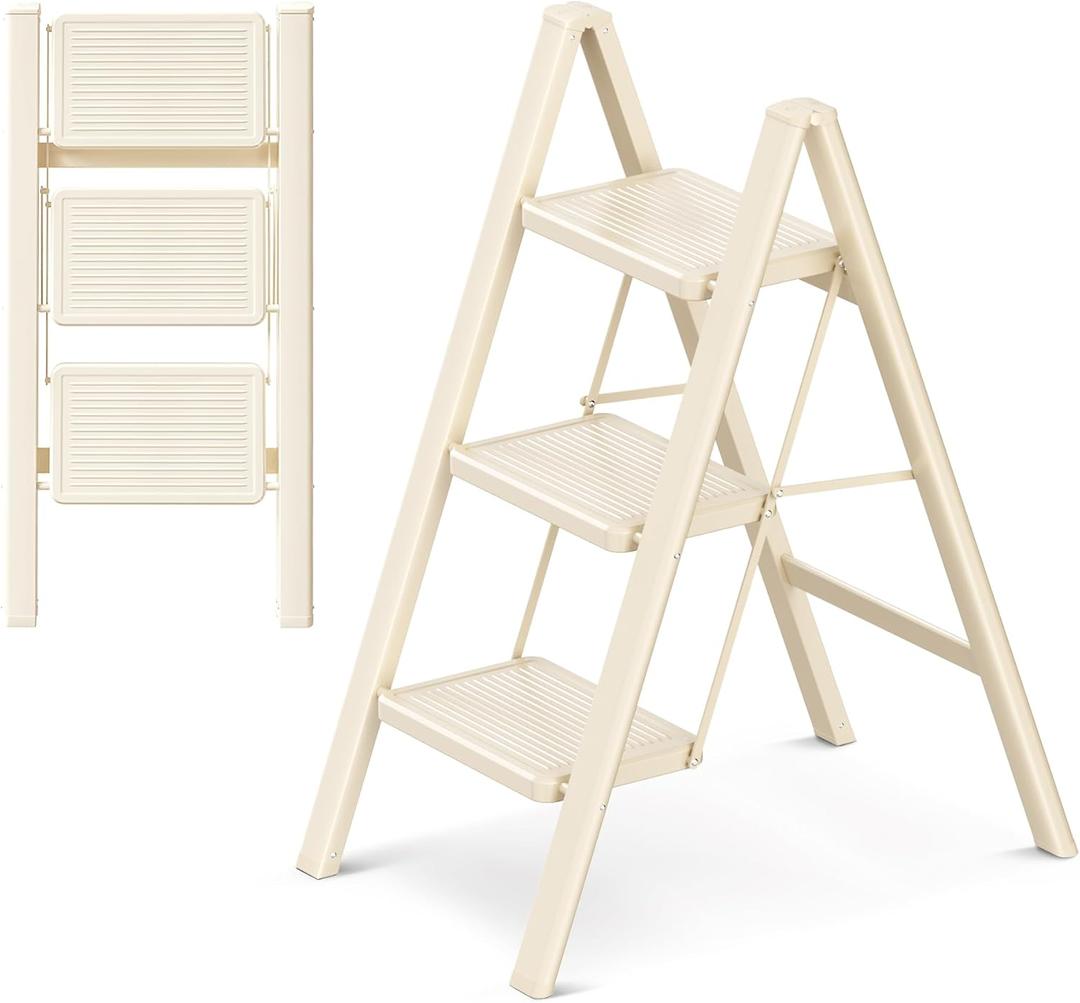3 Step Ladder Folding Step Stool with Wide Anti-Slip Pedal, 330LBS Capacity, Lightweight Portable Stepladder for Home and Kitchen Use, Cream White