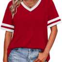 WIHOLL Womens T Shirts Loose Fit Short Sleeve Tees V Neck Color Block Summer Tops 2026 Fashion S-4XL (XXL)