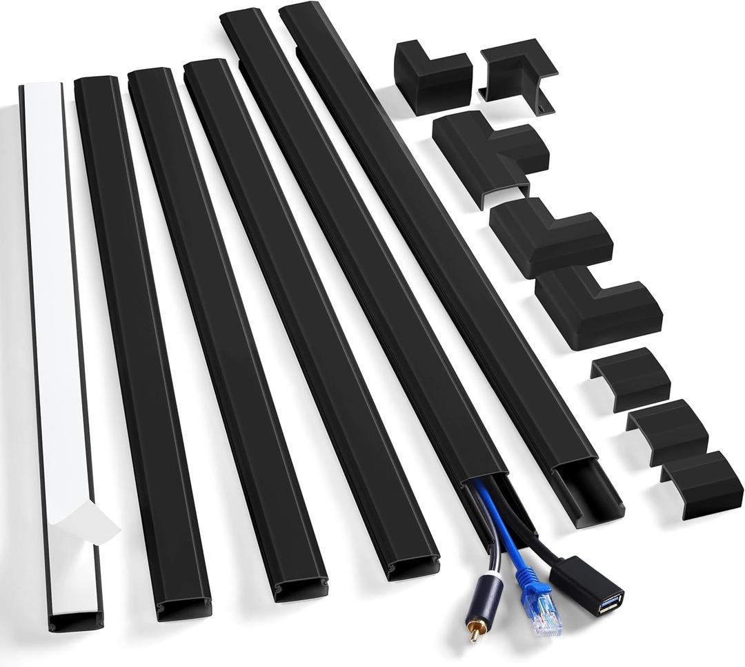 ZhiYo Cord Cover Wall Kit, 94.5in Cord Hider Wall Mounted TV, Self-Adhesive Wire Covers for Cords, Paintable Wire Hiders Cable Raceway Kit, Cable Concealer, 6 x L15.7in W0.98 H0.5in, Black