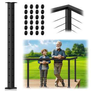Corner Post Cable Railing 42" (Post 41"x2"x2"), 90 L-Drilled Metal Corner Post with Cable Grommets, Stainless Steel Fixed Top Handrail Corner Post, Black Finish Wire Railing Corner Deck Post