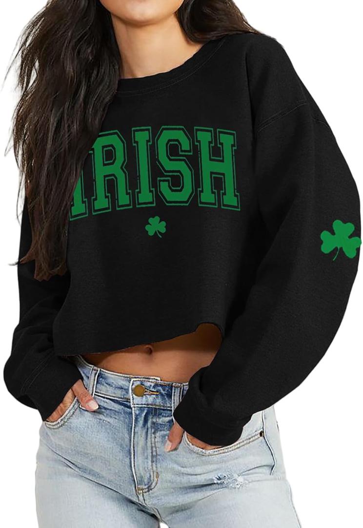 St Patrick's Day Crop Tops for Women Irish Shamrock Graphic Shirt Funny Lucky Clover Long Sleeve T-Shirt Tops (Black, L)