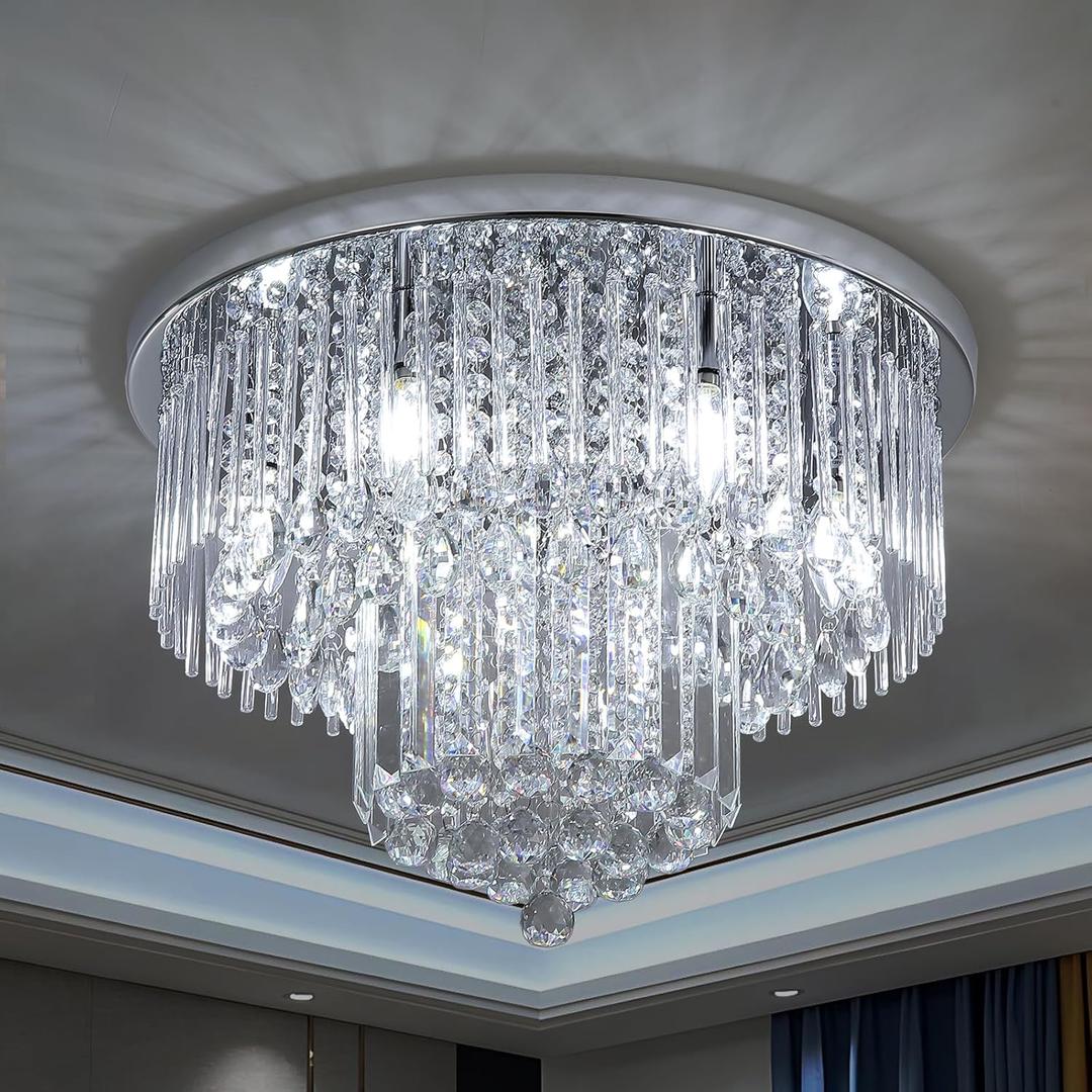 K9 Crystal Chandelier Flush Mount Ceiling Light,Modern Round Raindrop Crystal Chandeliers Light Fixtures Chrome Silver Lamp for Foyer Bedroom Living Dining Room Entryway,6-Light D22 x H13