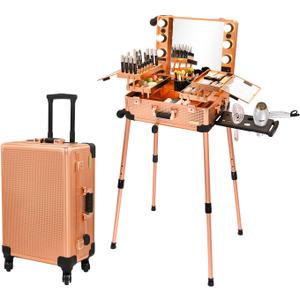 Aluminum Trolley Makeup Train Case with LED Lights Professional Cosmetic Organizer Studio with Speaker, Wheels and Stands Rolling Lighted Makeup Vanity Station for Travel (Rose Gold)