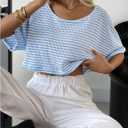 WDIRARA Women's Striped T Shirts Scoop Neck Half Sleeve Tee Loose Knit Crop Tops (S)