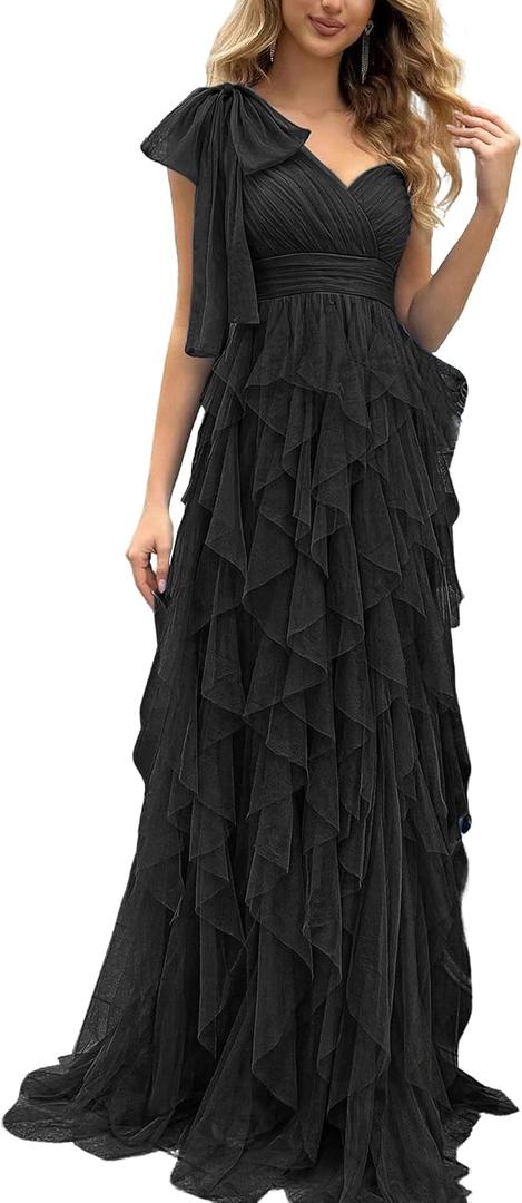 Summer Women Tulle Prom Dress Elegant Bow One Shoulder Slit Evening Party Gown Wedding Guest Bridesmaid Maxi Dress, 2XL