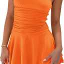YBSKG Women Sexy Tube Top Silk Dress Strapless Ruched Waist Ruffle Tiered Layer Mini Dress Party Short Dresses (Orange, M)