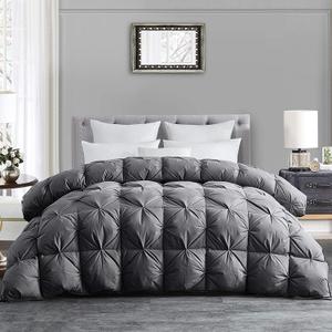 HOMBYS 120x128 Oversized King Feather and Down Comforter, Grey Pinch Pleat Thick Duvet Insert with 100% Cotton Cover, Oversized Extra Large Fluffy Palatial King Comforter for All Season, Super King Plus