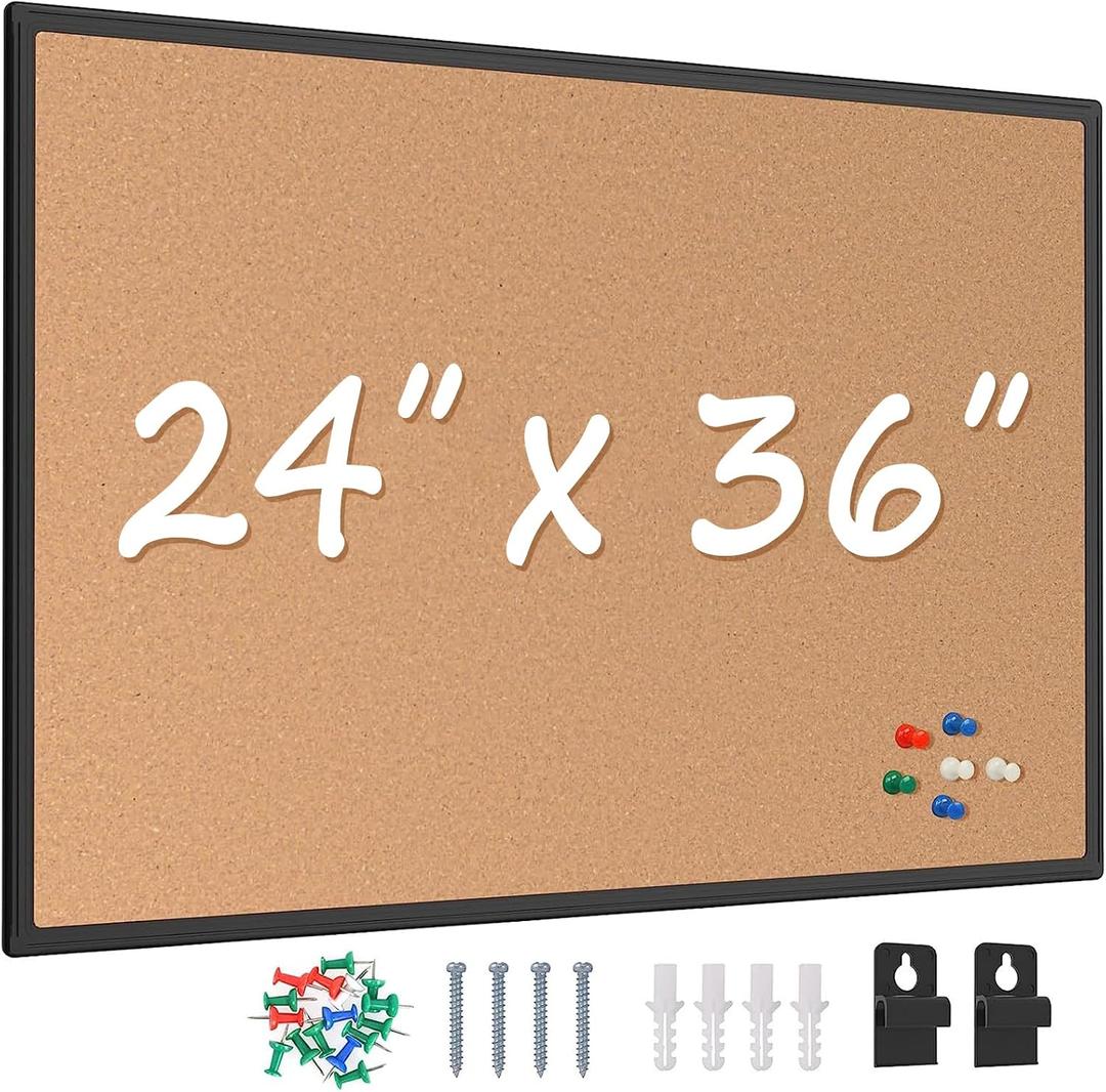 Cork Board Bulletin Board 24 x 36, Black Aluminium Framed 2 x 3 Corkboard, Office Board for Wall Cork, Large Wall Mounted Notice Pin Board with 16 Push Pins for School, Home & Office