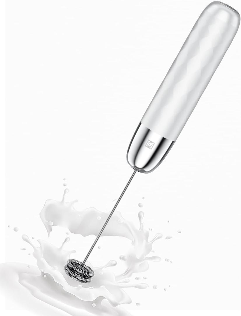 Maestri House Rechargeable Milk Frother, LunaFro Mini Handheld Electric Foam Maker Detachable Stainless Steel Whisk Drink Mixer Foamer Mini Blender for Matcha, Lattes, Cappuccino, No Stand (White and Silver)