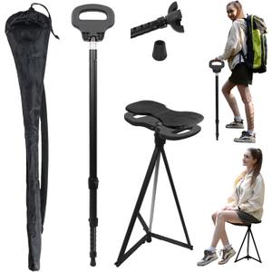 Adjustable Cane with Seat Folding Lightweight, Portable Cane Chair for Adults & Seniors, Walking Stick with Seat for Travel Hiking, with Cushion Carry Bag