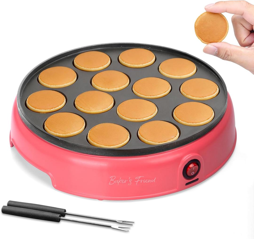 Baker's Friend Mini Pancakes Maker Machine, Dutch Mini Pancake Griddle, 14 Holes Electric Poffertjes Pan, Ideal for Breakfast, Snacks, Desserts & More, Red