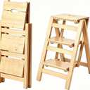 3-Step Wooden Folding Step Stool – Solid Pine Frame, Non-Slip Steps, Anti-Scratch Base, 337lb Capacity – No Assembly Required, Space-Saving for Kitchen & Home – Walnut (Natural Wood) 22"D x 16.5"W x 26"H