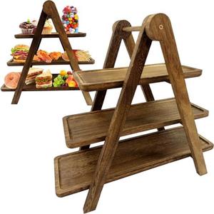 Onkuly Wooden 3 Tier Serving Tray Wood Cupcake Stand Rectangle Serving Platter Food Display Trays for Party, Birthday, Wedding 2 Pack